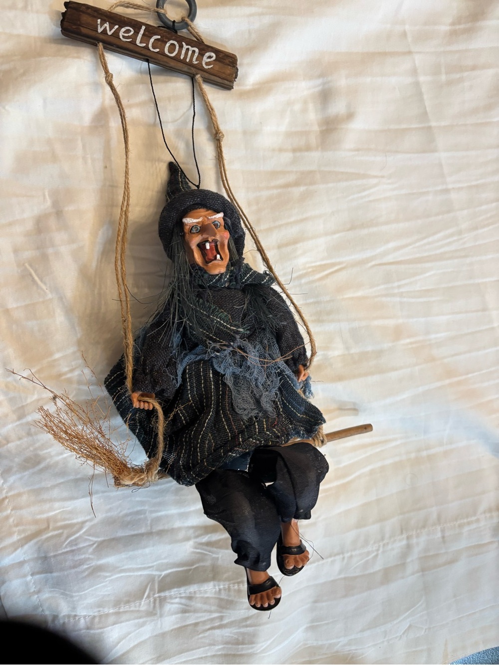 Vintage Halloween Hanging Witch on Broom Kicking